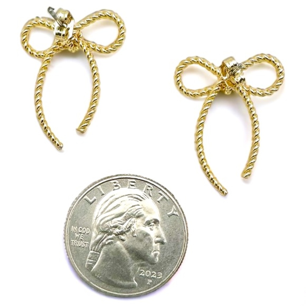 Gold Tone Rope Bow Tie Dainty Trending Stud Earrings - Picture 3 of 5